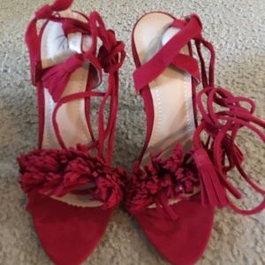 Brand New Red Shaggy Tie Up Heels Sz 7